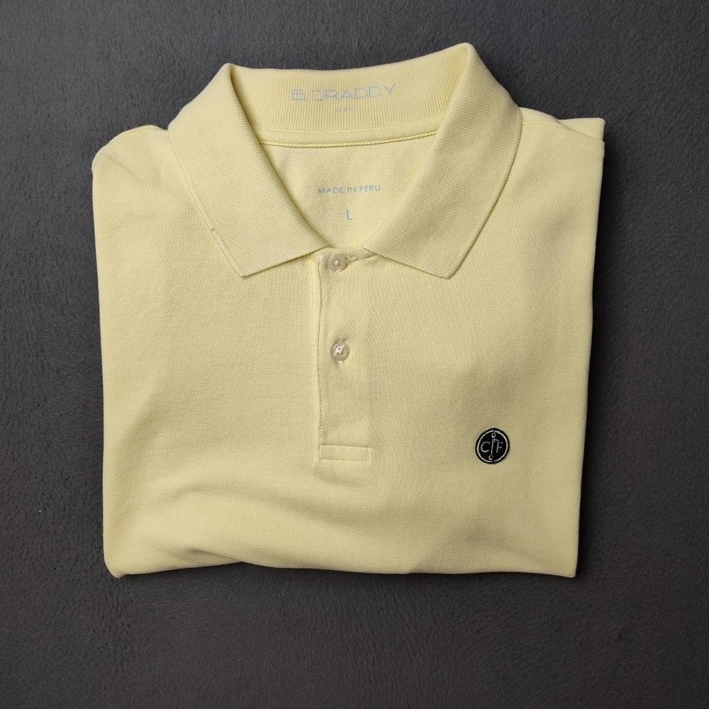 B. Draddy Polo Shirt Mens Large Yellow Pima Cotton Stretch Golf Crest Logo Patch